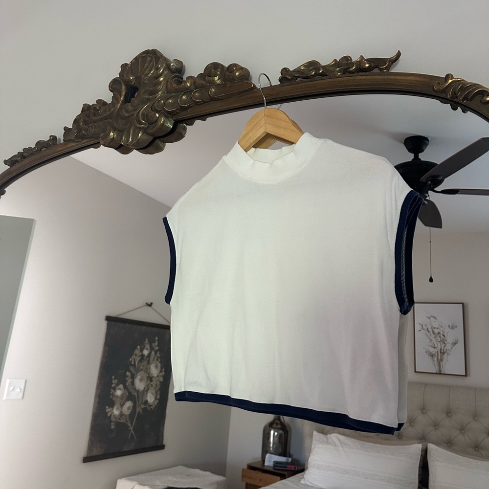 Anthropologie White Crop Top with Navy Trim